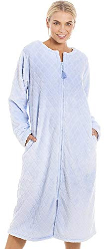 Camille Women's Super Soft Fleece Zipped Housecoat | Calf Length Diamond Print Bathrobe | Zip Close, Long Sleeves & Pockets | Luxury Warm & Comfy Home Loungewear | Blue 18-20