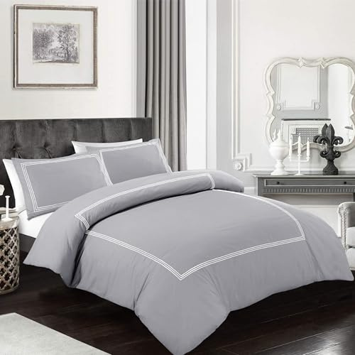 My home store Embroidered Duvet Cover Hotel Quality 200TC Bedding Set Soft Breathable 100% Poly Cotton Quilt Cover with 2 Pillowcases (Grey, Double)