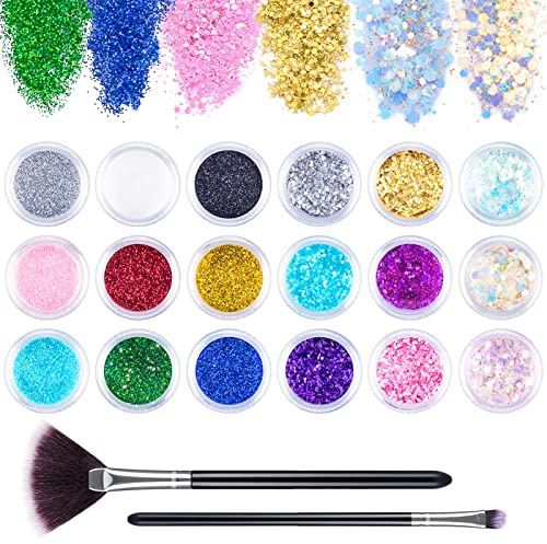 MELLIEX 18 Botes Purpurina Polvo, Glitter Flakes Brillantes para Uñas Lentejuelas Brillos Decoración para Cara, Nail Art, Cabello y Cuerpo(Con Cepillo)