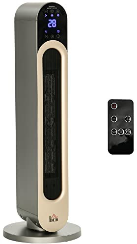 HOMCOM Stufa Elettrica Oscillante a 3 Modalità di Riscaldamento, Termoventilatore con Temperatura Regolabile e Telecomando, in ABS, Ø25x73.5 cm, Argento e Oro