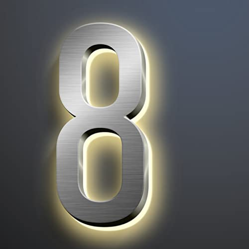 Placa de Número de Casa LED 3D Retroiluminada Luz Blanca Cálida 0-9 Letra A-Z Señal Dirección Iluminada Acero Inoxidable Para Hogar Al Aire Libre Flotante Moderno Plata Cepillada