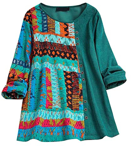 Vimoli Chemisier Femme Vintage Imprimé de Style Ethnique Tunique Top Grande Taille Décontractée Ample Chemise Blouse Chic Col Rond Boutons T-Shirts à Manches Longues(A Vert,4XL)