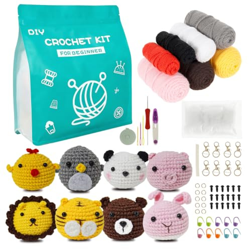 8Pcs Crochet Kits for Beginners, Kids Crochet Kit Animals Knitting Supplies | 8 Different Animal Head Designs, DIY Crochet Kit with Yarn & Keychain, Video Tutorials, Ideal for Crochet Lover & Beginner