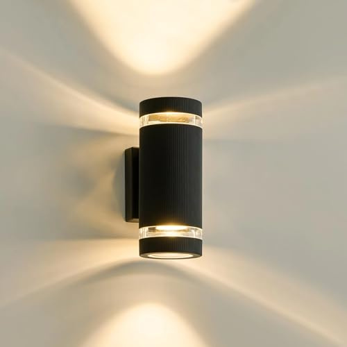 LMP Outdoor Wall Lights Mains Powered, Up Down Outside Lights Black, IP65 External LED Front Door Lamp Porch Light Electric, Exterior GU10 Round Lighting Sconce Wall Mounted for House