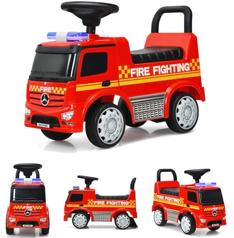 RELAX4LIFE Camion dei Pompieri cavalcabile per Bambini, Girello con Faro e Faro Girevole, con Clacson, Maniglia e Schienale, Spazio di stivaggio, per Bambini da 12 a 36 Mesi, Portata 25 KG