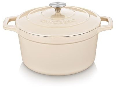 vancasso Forno olandese in ghisa smaltata da 2,5 QT con coperchio a manopola in acciaio inossidabile - Piccola casseruola antiaderente per cuocere a vapore, cuocere e arrostire - Colore crema