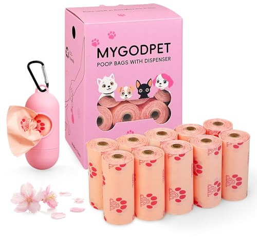 MYGODPET Dog Poop Bags Rolls with Dispenser 150 Count Biodegradable Poop Bags for Dog and Cat Cherry Blossom Scented Waste Bag Leak Proof Doggie Poop Bag Doggy Trash Bag Pink