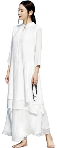 DAYKET Conjunto de Ropa de Tai Chi para Mujer, Traje Tradicional Chino de Kung Fu, Algodón y Lino, Mangas Tres Cuartos, Uniforme de Artes Marciales para Meditación Zen Wing Chun,White-L