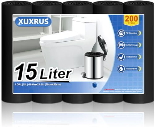 XUXRUS Bolsas de basura negras de 15 l, resistentes a roturas, para el hogar, cocina, oficina, 200 unidades