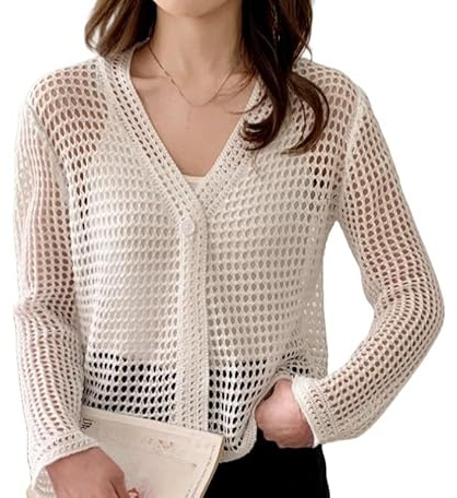 Cardigan Mujer Gant,Cárdigan De Crochet con Botones para Mujer Boleros Cortos Calados De Verano Suéter Informal De Manga Larga con Cuello En V Tops De Playa para Verano.