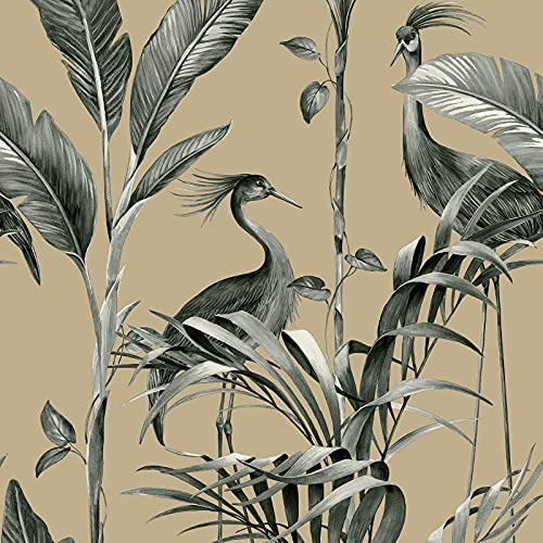 World of Wallpaper Azzurra Leaf Tropical Birds/Leaves for Bedrooms, Hallways, Modern Restrooms, Bold Living Room Wallcovering Charcoal Gold Wallpaper 9505