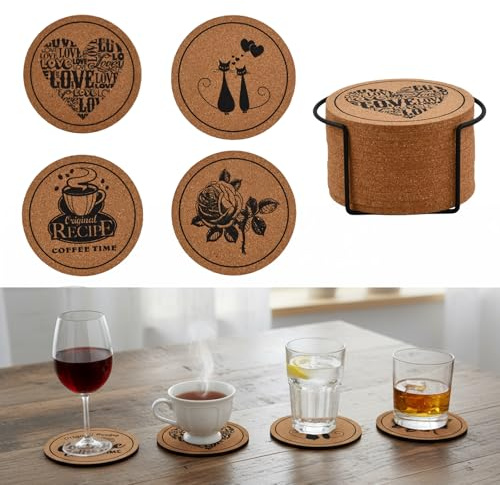 Set da 12 Sottobicchieri Cssorbenti in Sughero Con Supporto in Metallo, Sottobicchiere in Legno Rotondi Antiscivolo Diametro 10cm, Spessore 5mm, per Casa, Bar, Caffetteria, Azienda, Utili