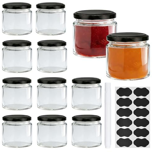 ASSRECT 12 Set Barattoli di Vetro 150ml con Coperchio, Vassetti Piccoli Con 12 Etichette & Pennarello Ideali per Marmellata, Miele e Bomboniere