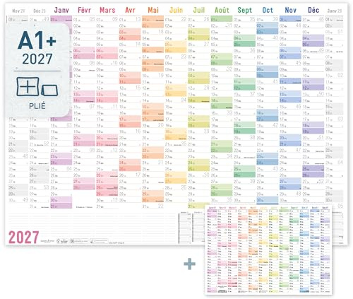 Häfft® Calendario de pared XXL 2027 A1+ en francés, plegado Rainbow | Calendario anual (63 x 89 cm) de 15 meses con los días festivos de Francia + calendario anual en formato A4 gratuito