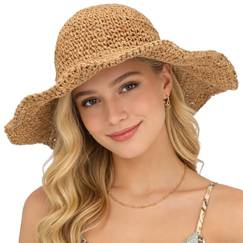 AYPOW Large Bord Chapeau de Paille pour Femme, Protection UV Respirant Plage Chapeau de Soleil pour Fille, Pliable Réglable Emballable Casquettes d'été Capeline pour Extérieur Vacances Voyages