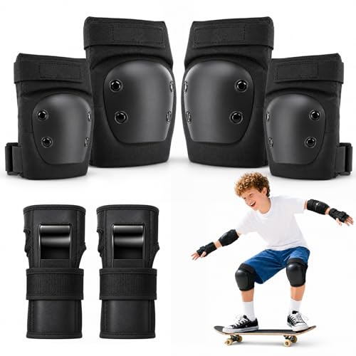 Lafefe Kids Protective Gear Set 6 in 1, Knee Pads Elbow Pads Wrist Guards with PP Shell & EVA Cushion, Adjustable Skating Pads M Size for Roller Skating Skateboard Cycling (Black Turtle)