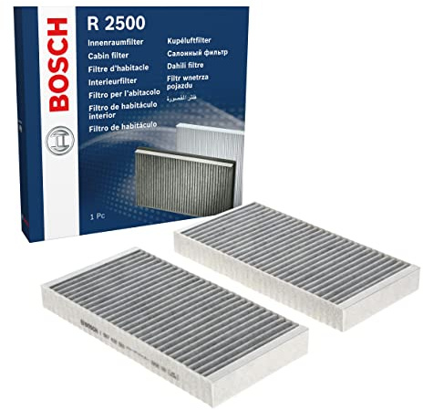 Bosch R2500 Filtre d'Habitacle à Charbon Actif de Remplacement - Contre les Mauvaises Odeurs, le Pollen et la Poussière pour un air plus pur à l’Intérieur du Véhicule - Jeu de 2 Filtres