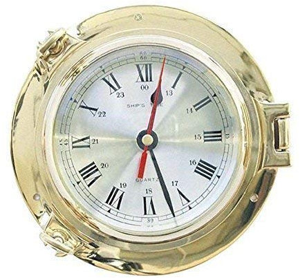 linoows Bullaugen Uhr, Wand-Uhr, Messing poliert Quartz zentrale Sekunde Ø 14 cm