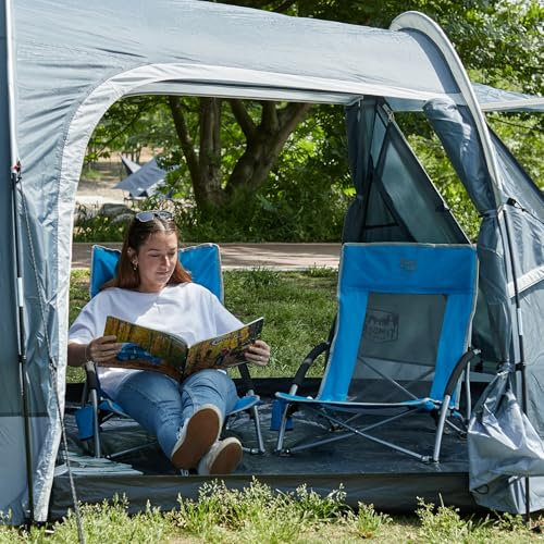 TIMBER RIDGE Low Camping Chair Folding Lightweight Beach Chair with Mesh Back 150kg Capacity with Carry Bag Cup Holder Armrest, Foldable Chair for Garden Outdoor Camping BBQ Travel Picnic