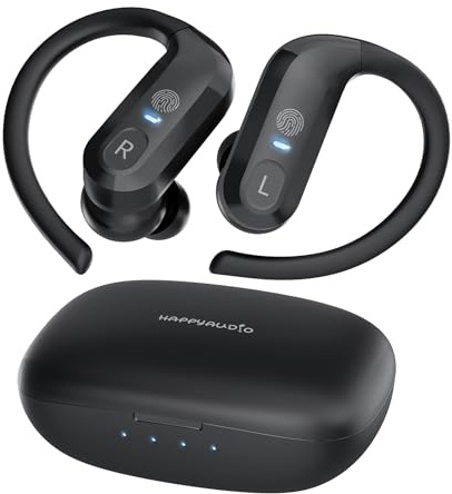 HAPPYAUDIO S1 Earbud TWS Headphones Bluetooth 5.0 Wireless Headset Sports w/Ear Hooks Built-in Mic Volume Control, IPX7 Water Resistant Sweatproof, 56Hrs Playtime for iOS Android