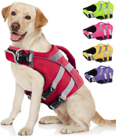 Kuoser Dog Life Jacket with Reflective Stripes - Adjustable High Visibility Vest, Ripstop Lifesaver, Pet Preserver with High Flotation Swimsuit for Small, Medium and Large Dogs