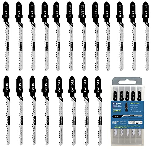 Jigsaw Blades T Shank 20PCS T101AO with Case, Compatible with Dewalt Bosch Black and Decker Jig Saw Blades Set for Wood, 3 in. 20 TPI Curved & Scrolling Fine Finish Cuts
