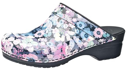 Sanita Isalena | Zoccoli Aperti da Donna | Zoccoli Artigianali Originali in Pelle Flessibile | Plantare Anatomico in Schiuma Morbida | Fiori Rosa | 35
