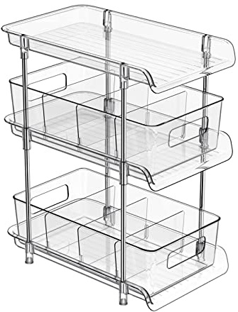 3 Tier Clear Bathroom Organizer with Dividers, Multi-Purpose Pull-Out Pantry Organization and Storage, Under Sink Closet Organizers and Storage, Vanity Skincare Cosmetic Organizer Medicine Bins