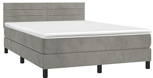 vidaXL Boxspringbett mit Matratze LED Bettgestell Bett Doppelbett Polsterbett Schlafzimmerbett Lattenrost Bettrahmen Hotelbett Hellgrau 140x200cm Samt