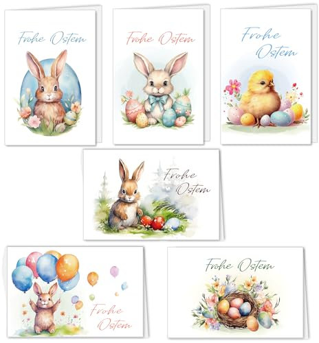 Osterkarten mit Umschlag Set 12 Stück, aufklappbar Frohe Ostern Grußkarten, Klappkarten mit niedlichem Hasen und Ostereiern, Happy Easter Osterkarten Bastelset