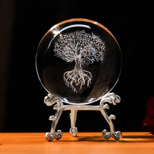 IFOLAINA 3D Tree of Life Crystal Ball Paperweight Glass Sphere Figurines for Home Decor Ideal Fengshui Ornament for Home Decoration