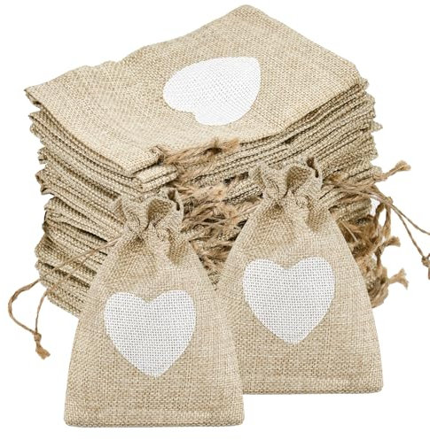 SLTAXAR 30 Stück jutesäckchen Herz Kleine Säckchen 10x14cm Jute Geschenktüten mit Herz Geschenkanhänger kleine säckchen zum Befüllen Jutebeutel Leinensäckchen für Hochzeit Party Geschenke Süßigkeiten