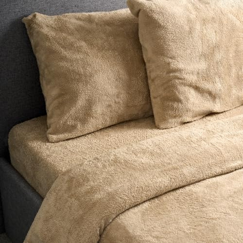 Bravich Teddy Fleece Duvet Set With Two Pillow Covers - Beige. Super Soft Teddy Bear Bedding For Double Bed, Fluffy Duvet Cover Sets For Winter. Double Duvet And Pillow Set, 200 x 200cm.