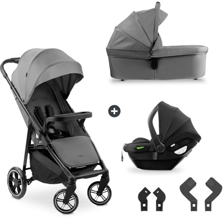 hauck Shop N Care Trio Set, Grey - Lightweight Pushchair (only 8.5 kg) Travel System with Pram Unit & i-Size Car Seat from Birth, Snack Tray, Cup Holder & Raincover, Fully Reclining up to 22 kg