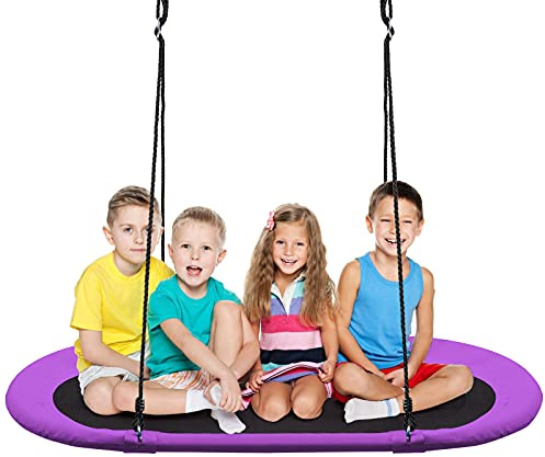 GYMAX Kids Nest Swing With Height Adjustable Hanging Ropes, Indoor Outdoor Tree Platform for Playground Garden Backyard, Holds Up to 150kg (Purple, 150x80x100-160cm)