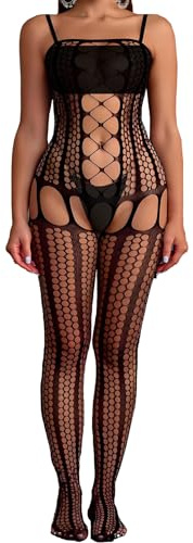 Leypafy Sexy Bodystockings Fishnet Bodysuit Rave Outfits Rayas Verticales Lencería de encaje abierto de Cuerpo Completo Para Body de malla para mujer(STLT-Black)