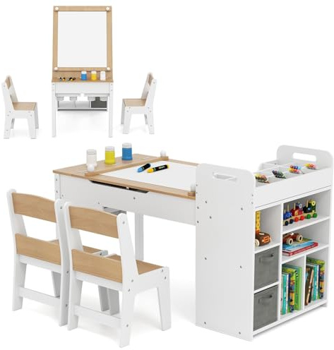 LIFEZEAL Barnbord med 2 stolar, barnmålbord med pappersrulle, träskrivbord med 2 tyglådor, 8 färgkrukor, furu, barnbordsset för pojkar och flickor (natur)