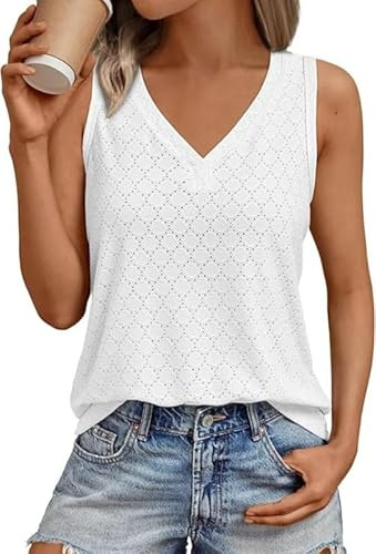Sukiglam Camisetas sin Mangas para Mujer Verano Elegante Blusas Holgada con Cuello en V Transpirable Elástica Tank Top Bordado de Ojales Camiseta Bohemia Casual Camisolas Shirt para Vacaciones