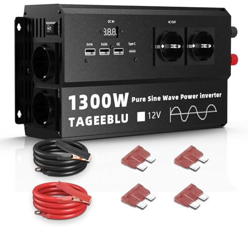 TAGEEBLU 1300W wechselrichter 12v auf 230v Reiner Sinus, spannungswandler 12v 230v, Wechselrichter für Fahrzeuge mit 4 AC Steckdose, 3 USB-A-Schnittstellen, TypeC 30W und LCD Bildschirm