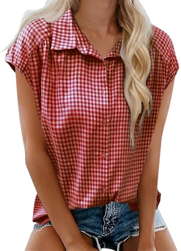 Chemise A Carreaux Femme Col Revers- Chemise Manche Courte Coupe Slim Décontracté Classiques Confortable Vintage Blouse Chic Et Élégants De Tous Les Jours Passe-Partout Basique Haut