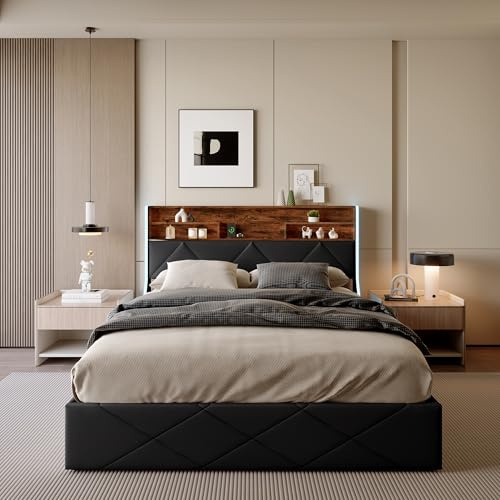 Lit 140 x 200 avec Sommier Coffre, Lit 2 Personnes avec Rangement Hydraulique, Tête de Lits Capitonnée avec Étagère Ouvertes, LED et USB, Lits Double pour Adultes et Adolescent (Noir 4, 140 x 200 cm)