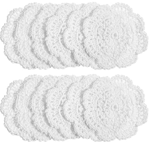 Elegaperma 12 manteles de encaje, tapetes de ganchillo blancos, 9,5 cm, redondos, hechos a mano, manteles pequeños de encaje para tazas, decoración de mesa, bodas, fiestas de cumpleaños