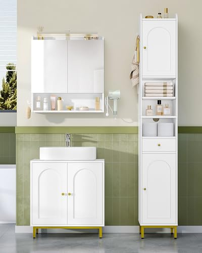 Hzuaneri Set di Mobili da Bagno, Mobile Sottolavabo Largo 60 cm, Armadietto a Specchio con Illuminazione a LED, un Mobile Alto da Bagno, Adatto per Bagni e Servizi Igienici, Bianco BC11003XEU