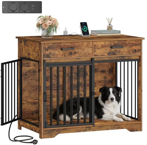Hzuaneri Mueble Jaula para Perros de Interior con Regleta y 2 Cajones, Jaula de Madera con Puertas Correderas de Granero, 3 Puertas para Perros Medianos y Grandes 97x56x81 cm Marrón DFC90301BEU