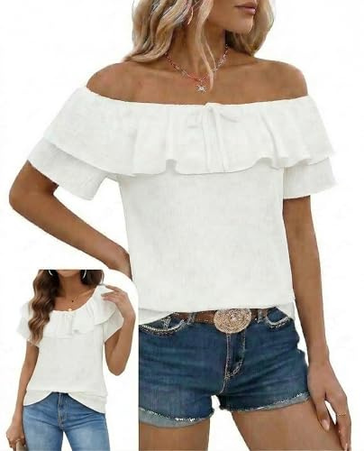 Zilaro Off The Shoulder Tops for Women, Bardot Blouse, Casual Ruffle Short Sleeve Chiffon Top, Summer Holiday Beachwear