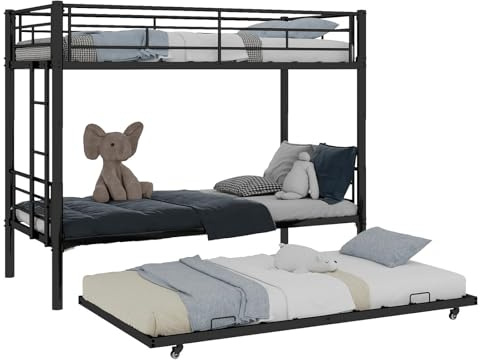 QSOST Triple Bunk 3FT 90x190cm, Heavy Duty Metal Bunk Beds with Pull Out for 3 Persons, Loft Bed Frame with Ladder and Guardrail, Space Saving for Kids Dormit(Black-01)