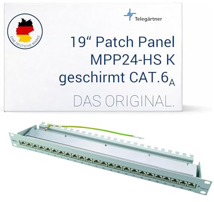 Telegärtner 19 Zoll Patch Panel mit 24 RJ45-Anschlussbuchsen, HS Kategorie 6a, geschirmt, schwarz, Frontbeschriftung, Patchpanel Verteiler, Hochwertiger Rangierverteiler