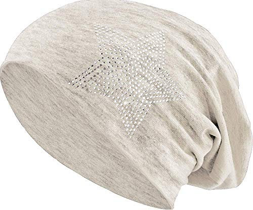 Jersey Baumwolle elastisches Long Slouch Beanie Unisex Herren Damen mit Strass Stern Steinen Mütze Heather in 35 (2) (Heather Beige)