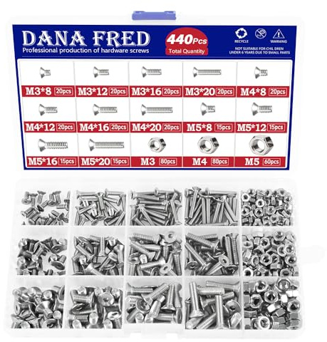 440 Pieces Flat Hex Socket Head Cap Screws Kit 304 Stainless Steel M3 M4 M5 Metric Thread Hexagon Allen Head Drive Countersunk Machine Bolts Nuts Standard Fastener Hardware Assortment Kit Set