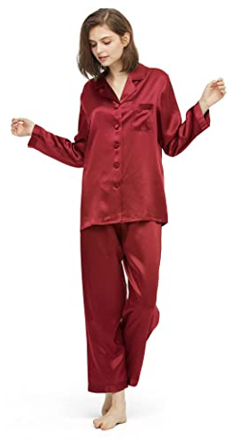 LilySilk Pyjama Soie Femme Vêtement de Nuit Poche Poitrine 2 Pièces Pyjama Long Col Boutonné Manches Longues Fonctionnelle 19 Momme M Rouge Vineux